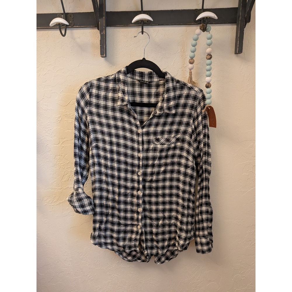 Lucky Brand Plaid Button Down Shirt Women's Medium Black‎ White Long Sleeve